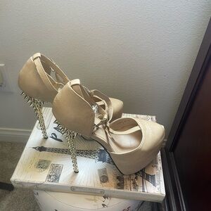 Beige/ Cream Platform Heels with Gold Spike Accents